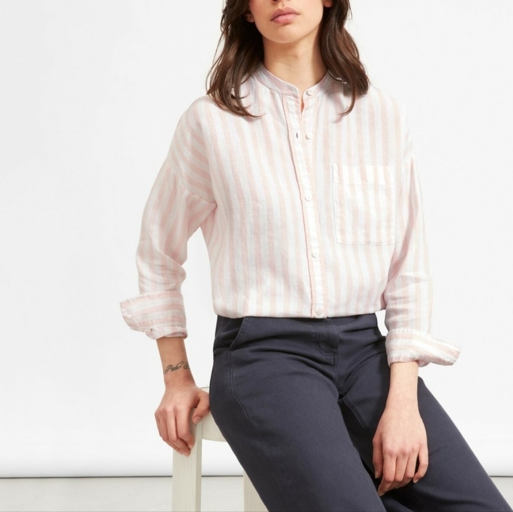 Everlane Linen Striped Shirt, Size 6 beige and white